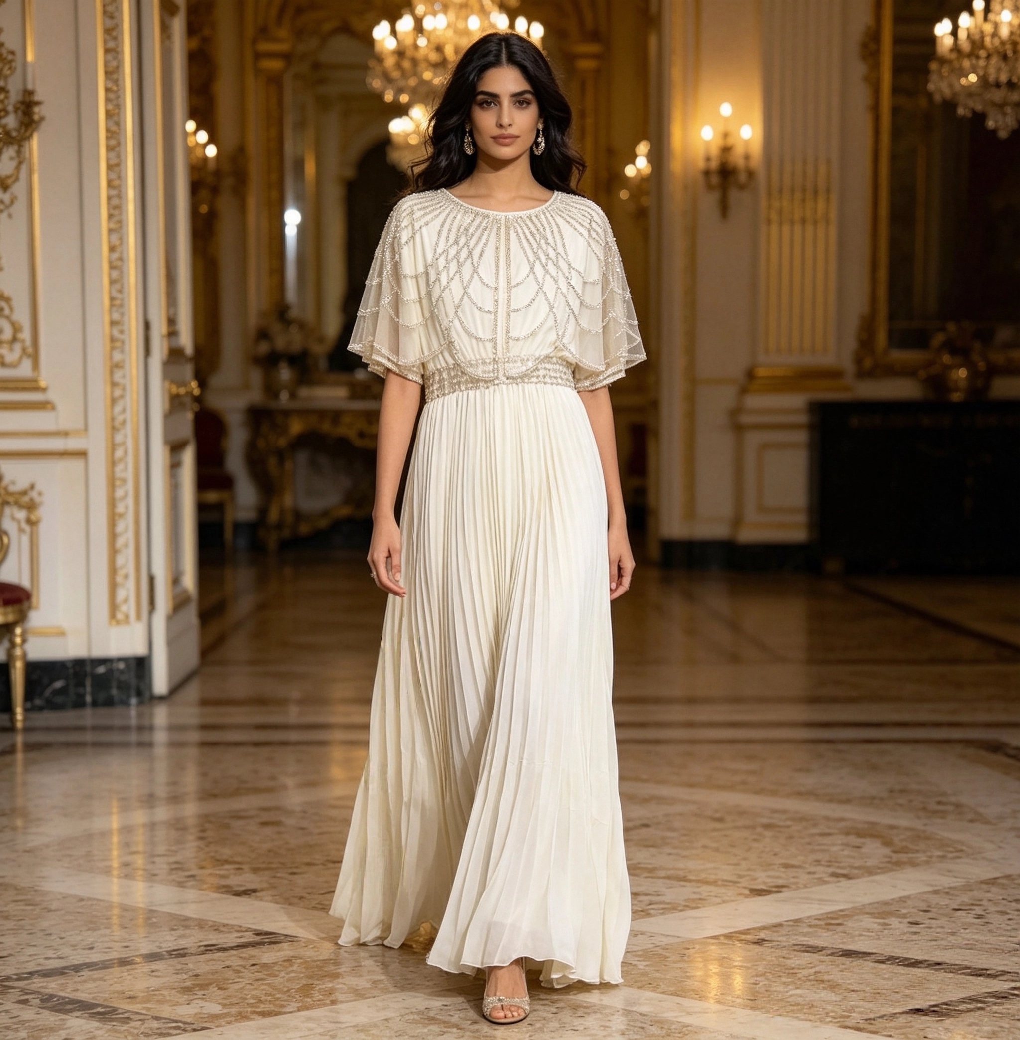 Robe de soirée musulmane vintage, ornée de strass, avec cape en maille transparente, plissée, longueur maxi, robe islamique pour femmes .